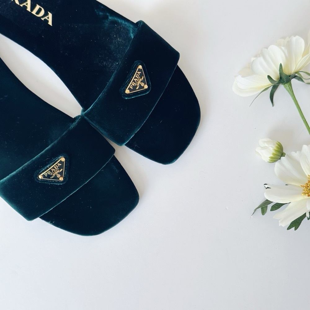 Prada Women’s Triangle Logo Dark Green Velvet Slide Sandals - Picture 9 of 13
